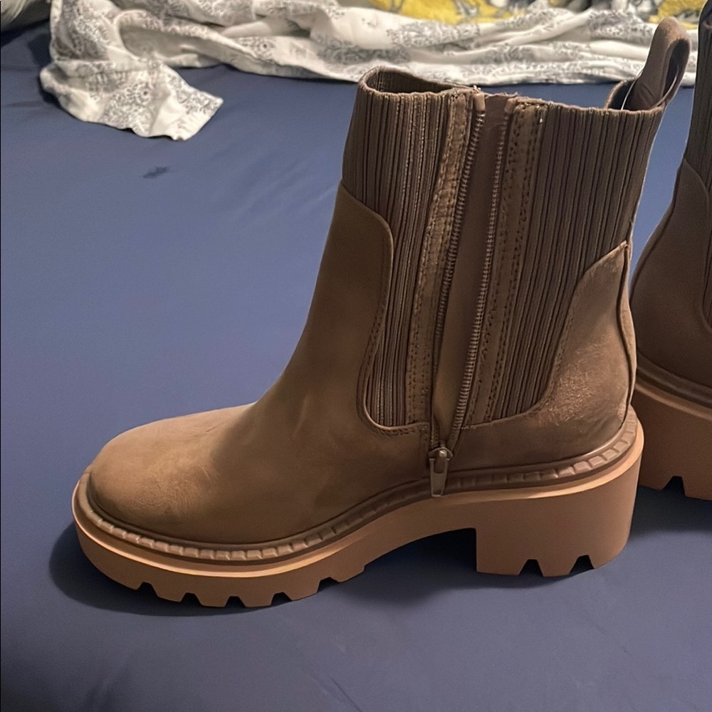 Tan Suede Ankle Boots with Elastic Panels - Picture 2 of 3